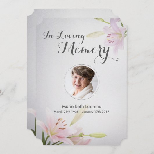 リリー悔やみや弔慰記念サンキューカードと写真 招待状 (正面/裏面)