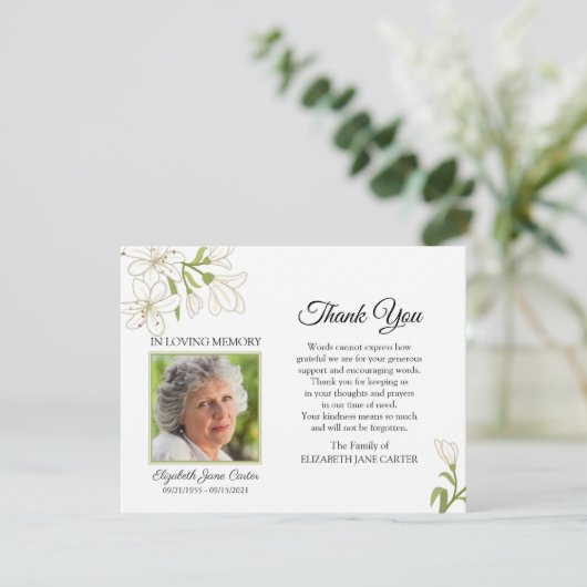 リリー葬儀ありがとうフォトノートカードホワイト サンキューカード (スタンド正面)