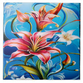 リリー鮮やか開花(青い背景) タイル (正面)