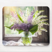リリー・オブ・ザ・バレーと薄紫の花束を窓から マウスパッド (正面)
