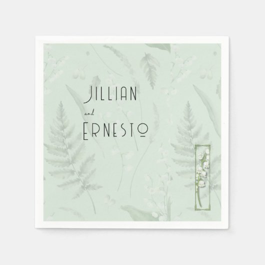 リリー・オブ・バレー || セージグリーンとイラストレーション スタンダードカクテルナプキン (正面)