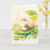 リリー・パッドの上のオッター カード (黄色い花)