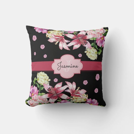 リリー&牡丹フローラブラック クッション (正面)