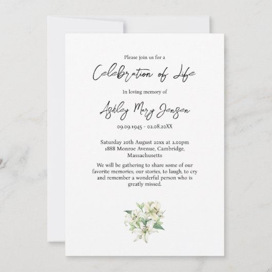 リリー 追悼の写真 葬儀 招待状 (裏面)