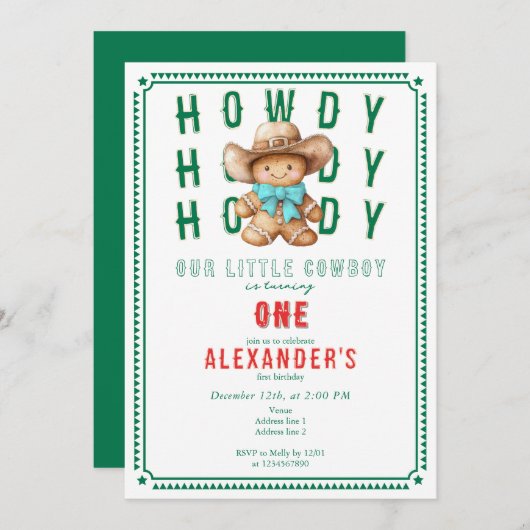 リルカウボーイジンジャーブレッドクリスマス任意の年齢誕生日 招待状 (正面/裏面)