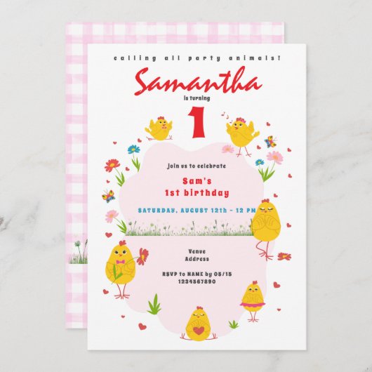 リル'シックイースターチキンファームピンクガール誕生日 招待状 (正面/裏面)