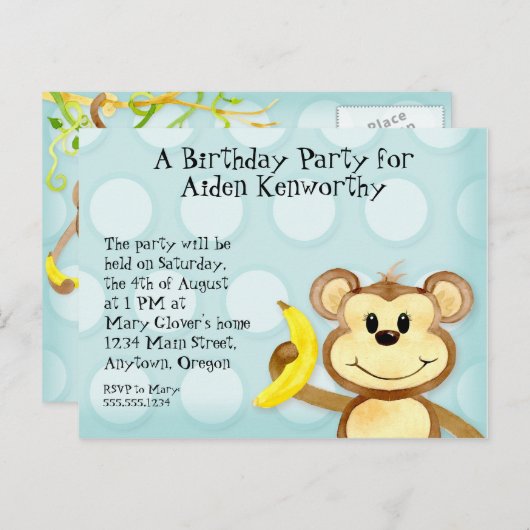 リルモンキーボーイバースデーパーティーポストカード招待状 インビテーションポストカード (正面/裏面)
