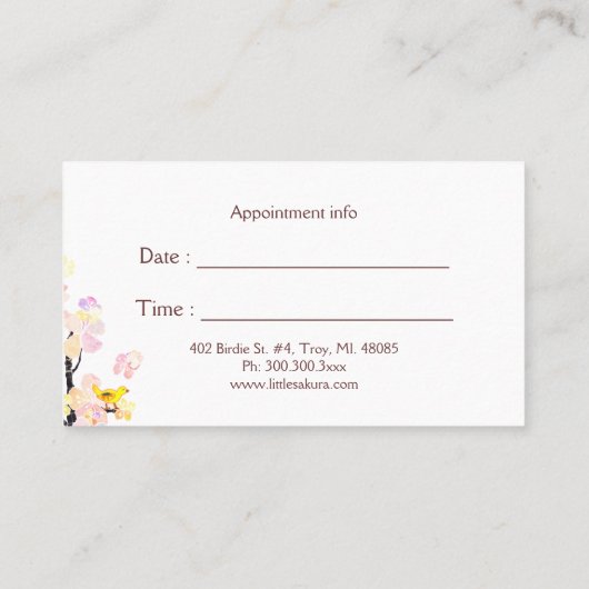 リル桜バードマッサージ+スパアポイントメントカード 予約カード (裏面)