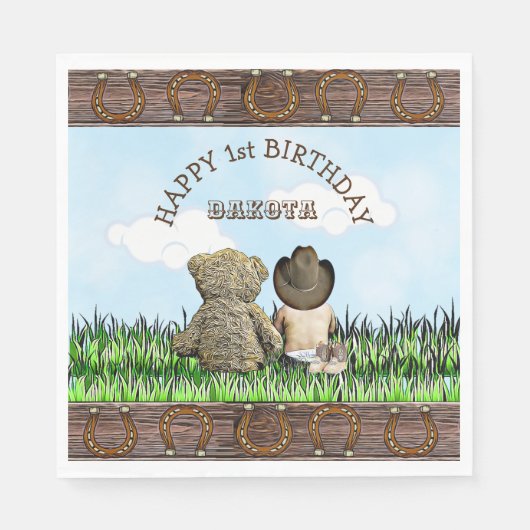リル・カウボーイとテディベアファースト誕生日 スタンダードランチョンナプキン (正面)