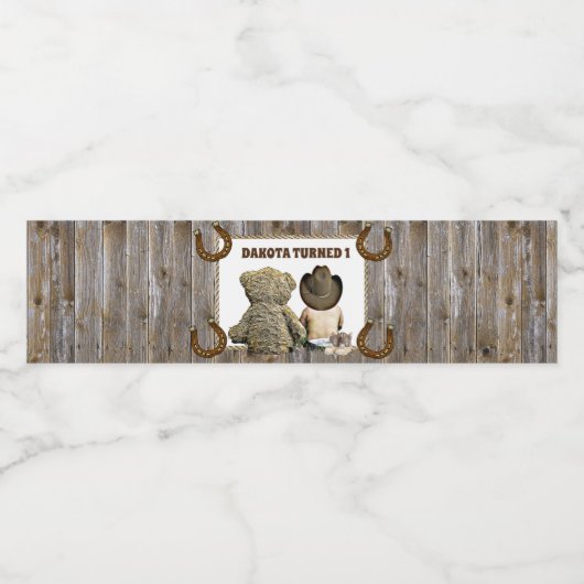 リル・カウボーイとテディベアファースト誕生日 ペットボトルラベル (シングルラベル)