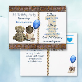 リル・カウボーイ男の赤ちゃんとテディベア1st誕生日 インビテーションポストカード