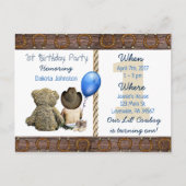 リル・カウボーイ男の赤ちゃんとテディベア1st誕生日 インビテーションポストカード (正面)