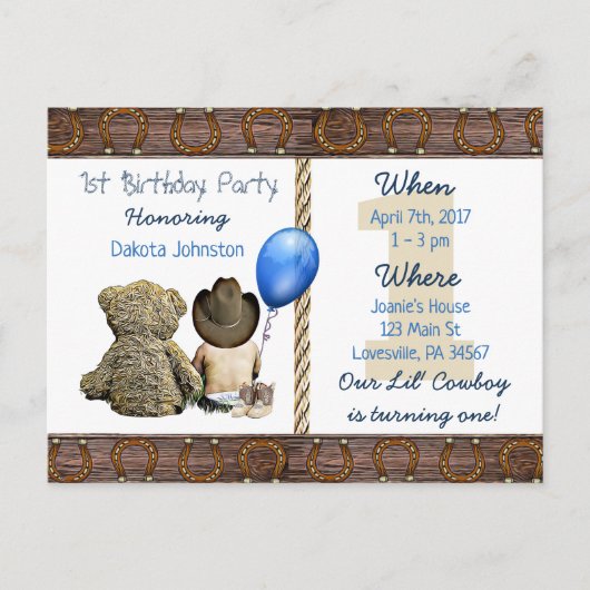 リル・カウボーイ男の赤ちゃんとテディベア1st誕生日 インビテーションポストカード (正面)
