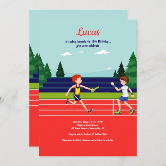 リレーの誕生日パーティーへの招待 招待状 (正面/裏面)