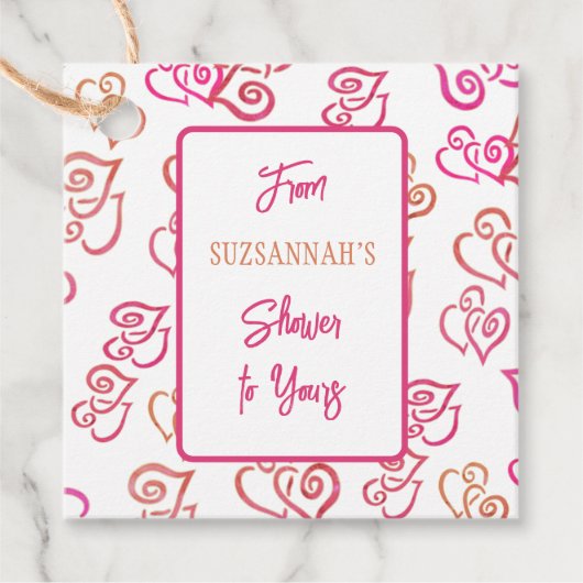 リンクされたオレンジ色のピンクのハートパターン(白パーティー上) フェイバータグ (正面)