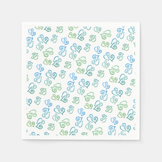 リンクされたグリーンブルーのハート柄のホワイトパーティー スタンダードカクテルナプキン (正面)