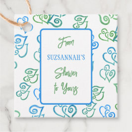 リンクされたグリーン & ブルー ハート パターン ホワイトパーティー フェイバータグ