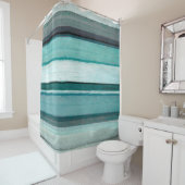 「リンク」ティール（緑がかった色）および灰色の抽象美術 シャワーカーテン (インサイチュ)