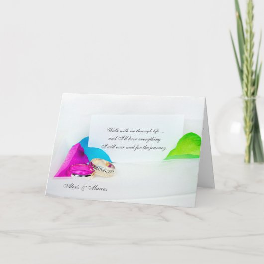 リングとバラ引用文を持つロマンチックな愛花びら カード (正面)