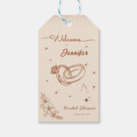 リングと花の手描き ブライダルシャワー ギフトタグ (正面)