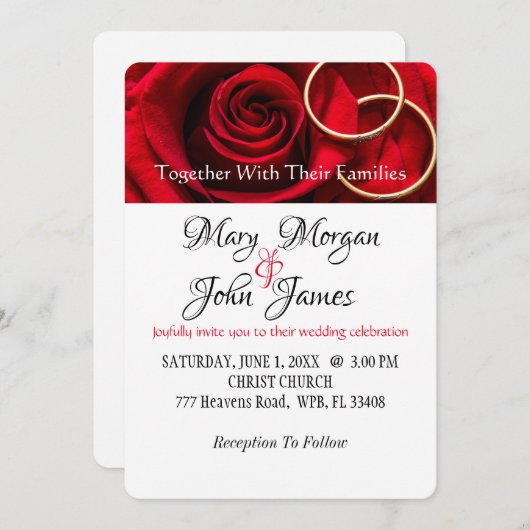 リングと赤いバラの花のウェディング・招待状 招待状 (正面/裏面)