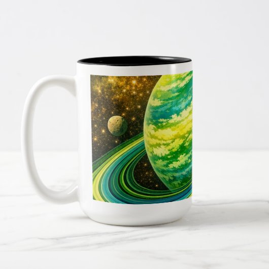 リングのある丸い緑の惑星 ツートーンマグカップ (左)