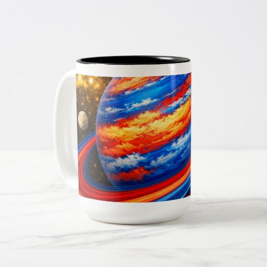 リングのある赤と青の惑星 ツートーンマグカップ (正面左)