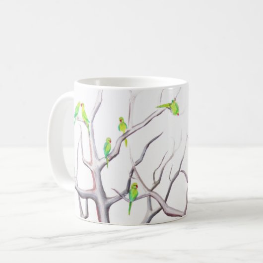 リングのネックのインコのアートワークのマグ コーヒーマグカップ (正面左)