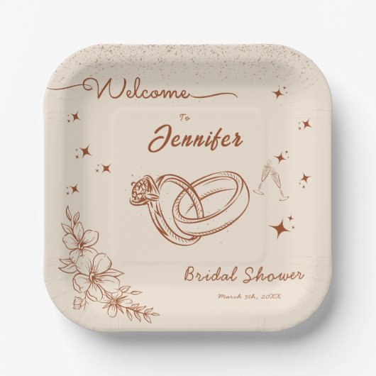 リングや輪およびフローラハンドドローブライダルシャワー ペーパープレート (正面)