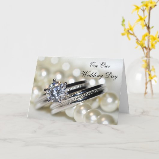 リングや輪とホワイトパール私たちの結婚式の日 カード (黄色い花)