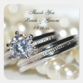 リングや輪と白結婚真珠の感謝メッセージカード スクエアシール (正面)