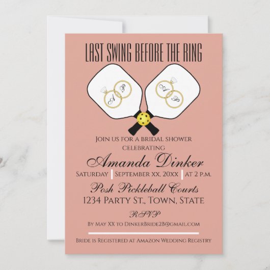 リングや輪のピックル結婚ボールピンク前の最後のスイング 招待状 (正面)