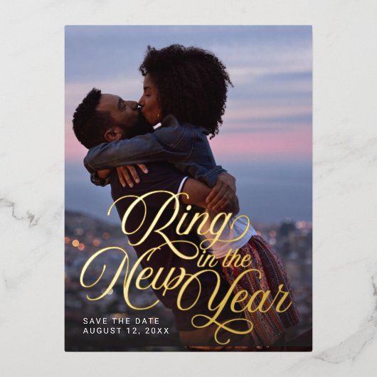 リングや輪の新年の写真の保存日付 箔シーズンポストカード (正面)
