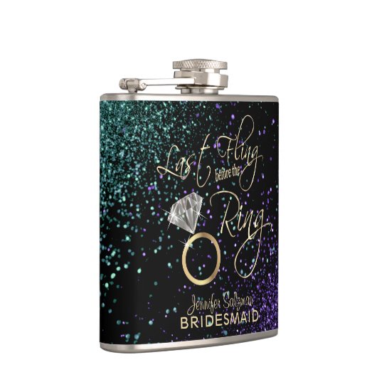 リングや輪前の最後の飛行 – ティール(緑がかった色)と紫 フラスク (右)