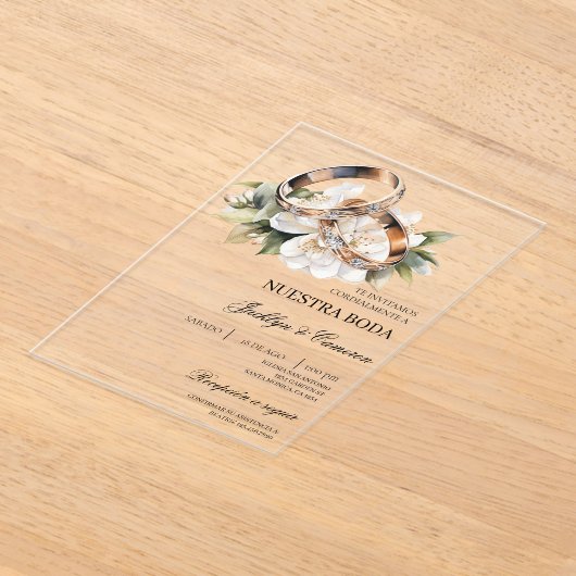 リングスペインのア結婚クリル白色フローラ アクリル招待状 (レイダウン)