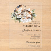 リングスペインのア結婚クリル白色フローラ アクリル招待状 (正面)