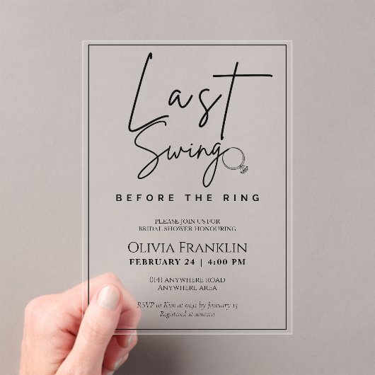 リングモダンブライダルシャワー前の最後のスイング アクリル招待状 (インサイチュ (ポータブル))