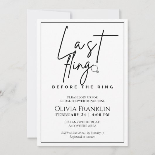 リングモダンブライダルシャワー前の最後の興行成績 招待状 (正面)