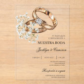 リング付き白スペインのフローラ結婚 アクリル招待状 (正面)