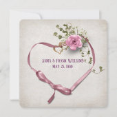 リング結婚付きリニューアルピンクのリボンハート 招待状 (正面)