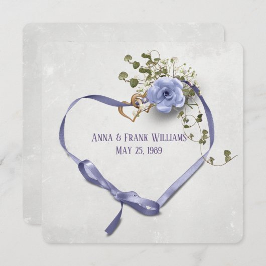 リング結婚付き更新紫のリボンハート 招待状 (正面/裏面)