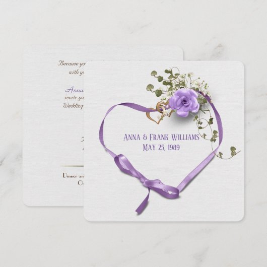 リング結婚付き更新紫のリボンハート 招待状 (正面/裏面)