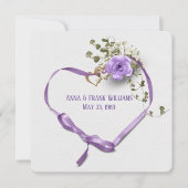 リング結婚付き更新紫のリボンハート 招待状 (正面)