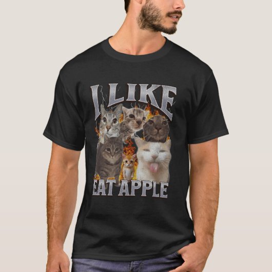 リンゴが好きでおかしい猫のミーム海賊版グラフィック Tシャツ (正面)