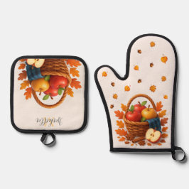 リンゴとが入った秋離れの収穫籠 鍋つかみ&鍋敷きセット