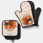 リンゴとが入った秋離れの収穫籠 鍋つかみ&鍋敷きセット (正面/裏面)