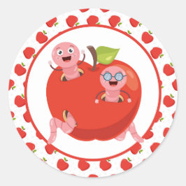リンゴとワームのクラシック丸いステッカー ラウンドシール