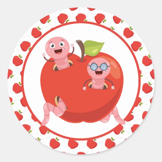 リンゴとワームのクラシック丸いステッカー ラウンドシール (正面)