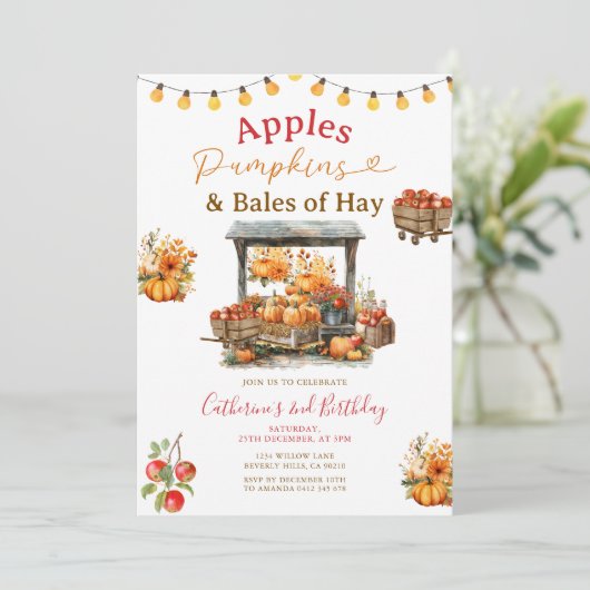 リンゴのカボチャとバラの干し草誕生日秋 招待状 (スタンド正面)
