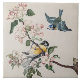 リンゴの木にヴィンテージの小鳥が2羽 タイル